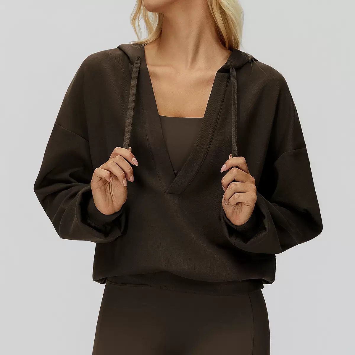 Deep V-Neck Relaxed Hoodie Gym Set